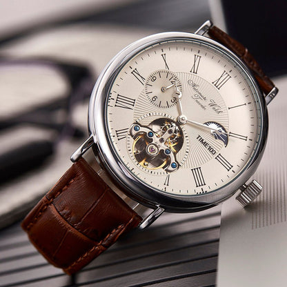 TIME100 Men's Automatic Watch Navigator - Series Tourbillon - Style Dual Time Zone Business Calendar Mechanical Watch Leather Strap - Time100