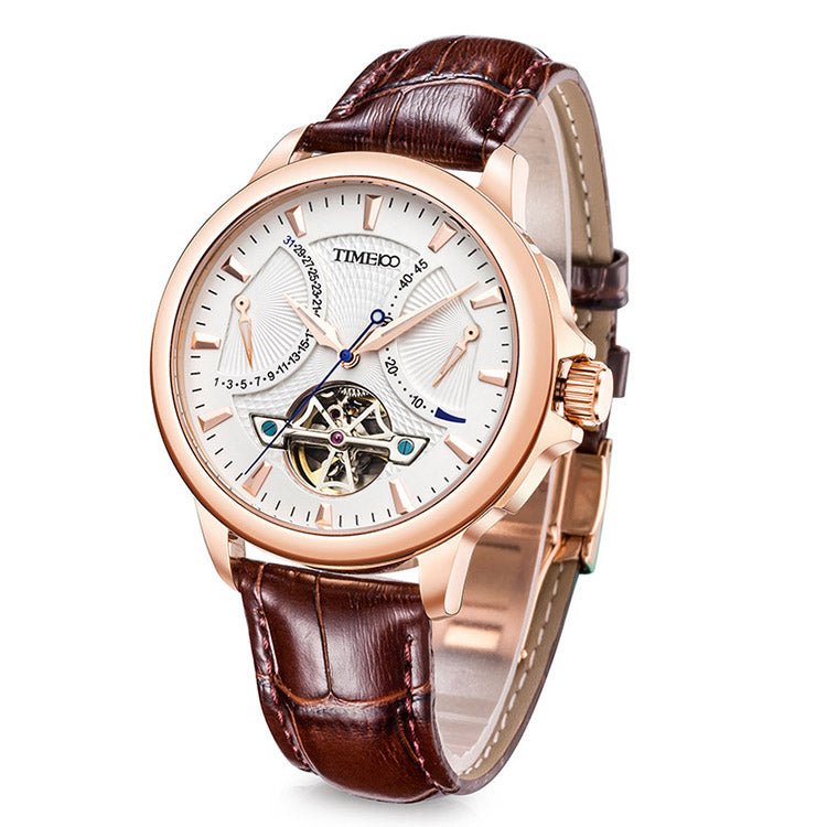 TIME100 Men's Automatic Watch Navigator - Series Tourbillon - Style Dual Time Zone Business Calendar Mechanical Watch Leather Strap - Time100