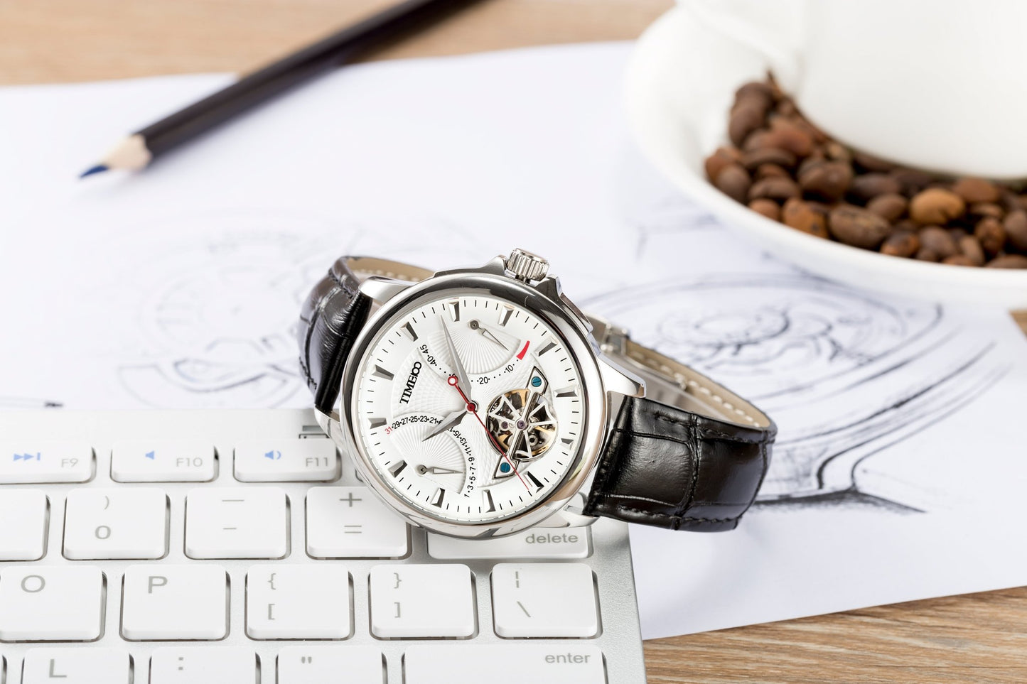 TIME100 Men's Automatic Watch Navigator - Series Tourbillon - Style Dual Time Zone Business Calendar Mechanical Watch Leather Strap - Time100