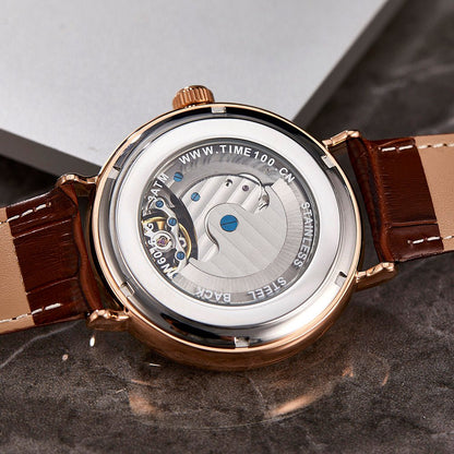 TIME100 Men's Automatic Watch Navigator - Series Tourbillon - Style Dual Time Zone Business Calendar Mechanical Watch Leather Strap - Time100