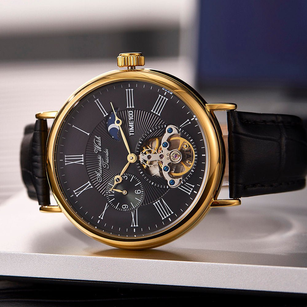 TIME100 Men's Automatic Watch Navigator - Series Tourbillon - Style Dual Time Zone Business Calendar Mechanical Watch Leather Strap - Time100