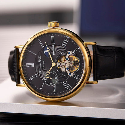 TIME100 Men's Automatic Watch Navigator - Series Tourbillon - Style Dual Time Zone Business Calendar Mechanical Watch Leather Strap - Time100