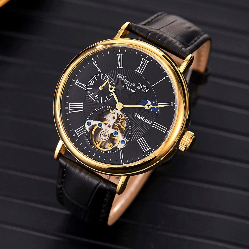TIME100 Men's Automatic Watch Navigator - Series Tourbillon - Style Dual Time Zone Business Calendar Mechanical Watch Leather Strap - Time100