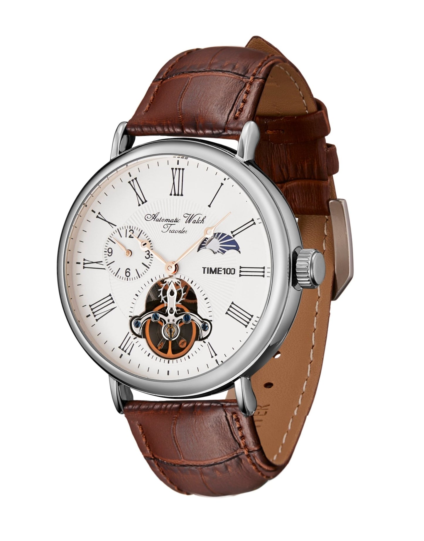 TIME100 Men's Automatic Watch Navigator - Series Tourbillon - Style Dual Time Zone Business Calendar Mechanical Watch Leather Strap - Time100