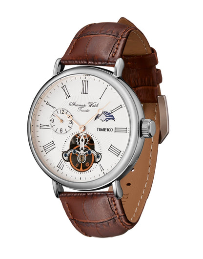 TIME100 Men's Automatic Watch Navigator - Series Tourbillon - Style Dual Time Zone Business Calendar Mechanical Watch Leather Strap - Time100