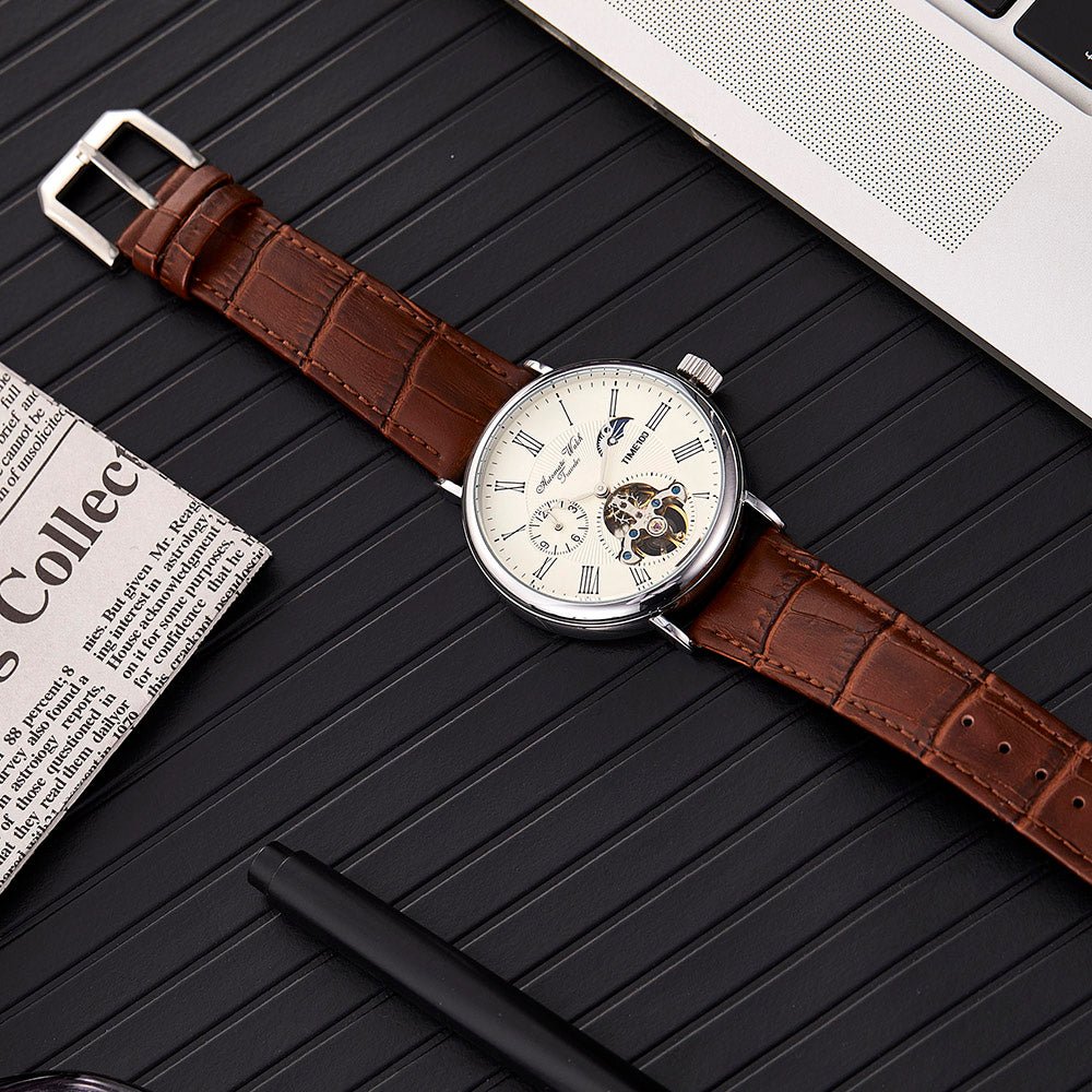 TIME100 Men's Automatic Watch Navigator - Series Tourbillon - Style Dual Time Zone Business Calendar Mechanical Watch Leather Strap - Time100