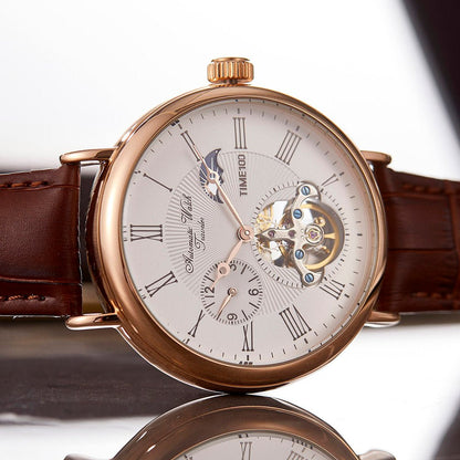 TIME100 Men's Automatic Watch Navigator - Series Tourbillon - Style Dual Time Zone Business Calendar Mechanical Watch Leather Strap - Time100