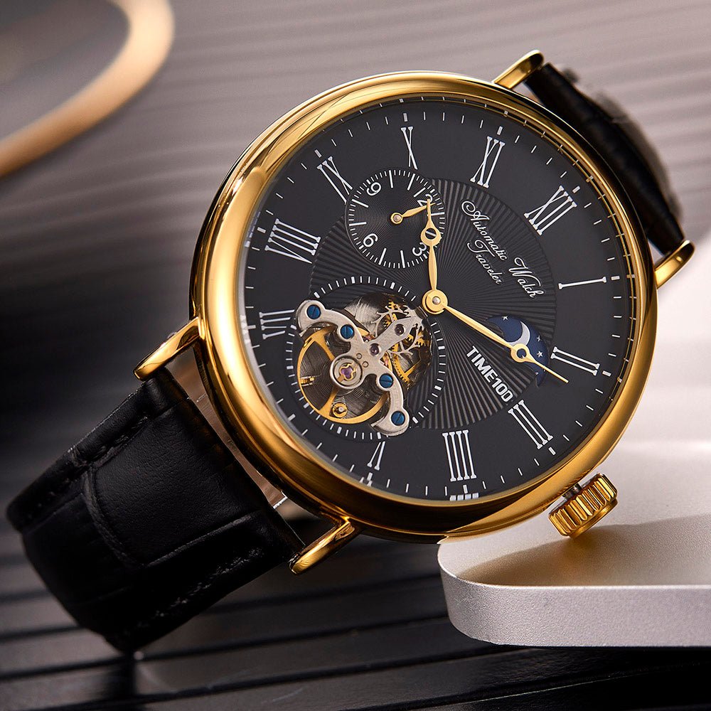 TIME100 Men's Automatic Watch Navigator - Series Tourbillon - Style Dual Time Zone Business Calendar Mechanical Watch Leather Strap - Time100