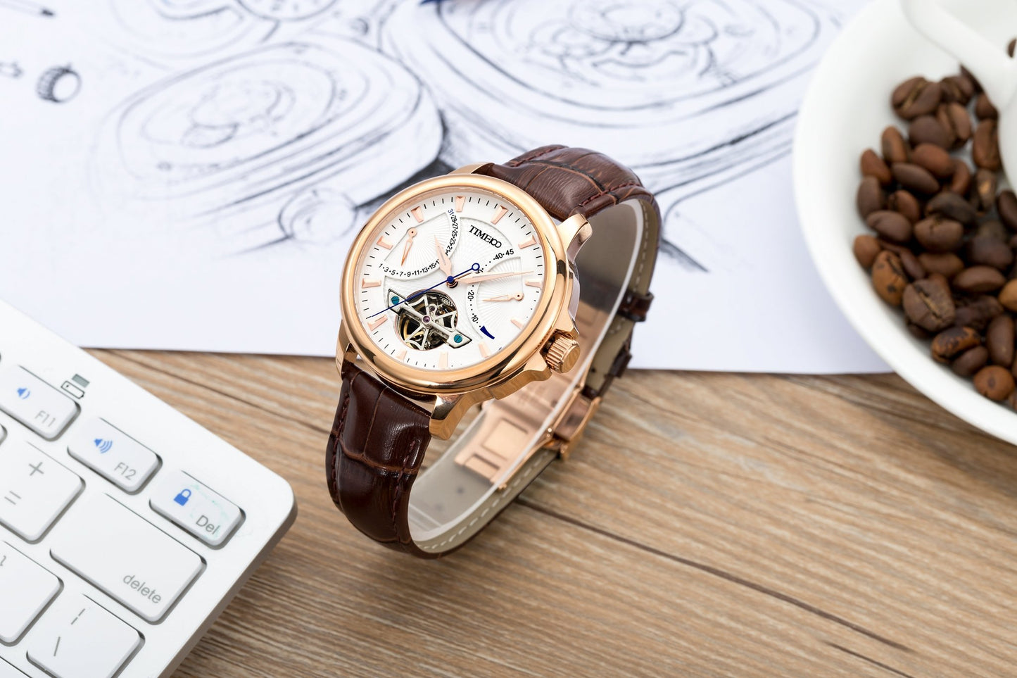 TIME100 Men's Automatic Watch Navigator - Series Tourbillon - Style Dual Time Zone Business Calendar Mechanical Watch Leather Strap - Time100