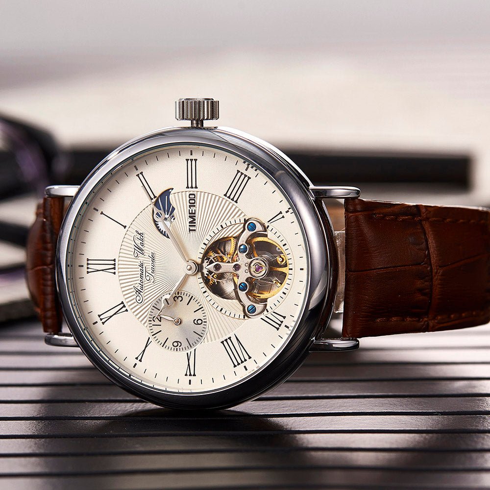 TIME100 Men's Automatic Watch Navigator - Series Tourbillon - Style Dual Time Zone Business Calendar Mechanical Watch Leather Strap - Time100