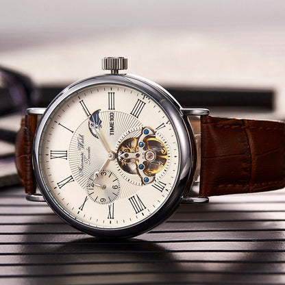 TIME100 Men's Automatic Watch Navigator - Series Tourbillon - Style Dual Time Zone Business Calendar Mechanical Watch Leather Strap - Time100