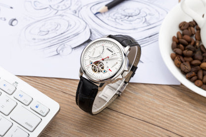 TIME100 Men's Automatic Watch Navigator - Series Tourbillon - Style Dual Time Zone Business Calendar Mechanical Watch Leather Strap - Time100