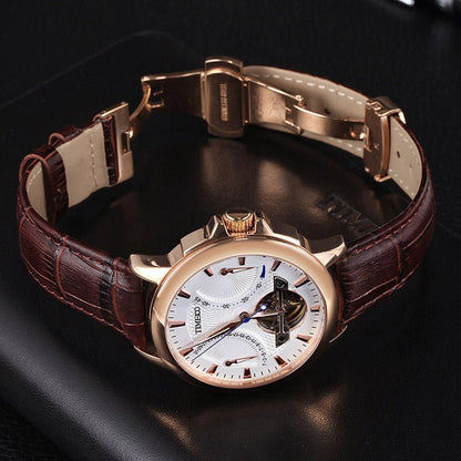 TIME100 Men's Automatic Watch Navigator - Series Tourbillon - Style Dual Time Zone Business Calendar Mechanical Watch Leather Strap - Time100