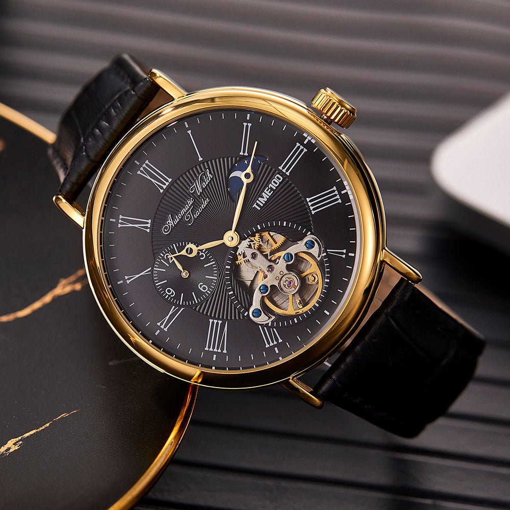 TIME100 Men's Automatic Watch Navigator - Series Tourbillon - Style Dual Time Zone Business Calendar Mechanical Watch Leather Strap - Time100