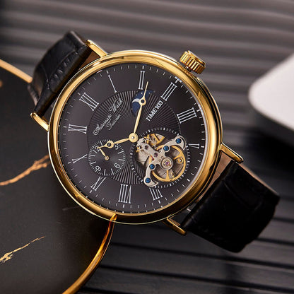 TIME100 Men's Automatic Watch Navigator - Series Tourbillon - Style Dual Time Zone Business Calendar Mechanical Watch Leather Strap - Time100