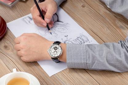 TIME100 Men's Automatic Watch Navigator - Series Tourbillon - Style Dual Time Zone Business Calendar Mechanical Watch Leather Strap - Time100