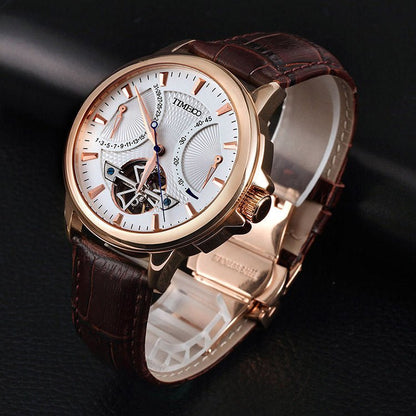 TIME100 Men's Automatic Watch Navigator - Series Tourbillon - Style Dual Time Zone Business Calendar Mechanical Watch Leather Strap - Time100