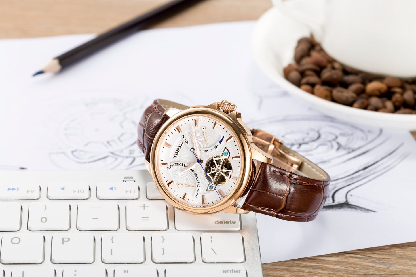 TIME100 Men's Automatic Watch Navigator - Series Tourbillon - Style Dual Time Zone Business Calendar Mechanical Watch Leather Strap - Time100