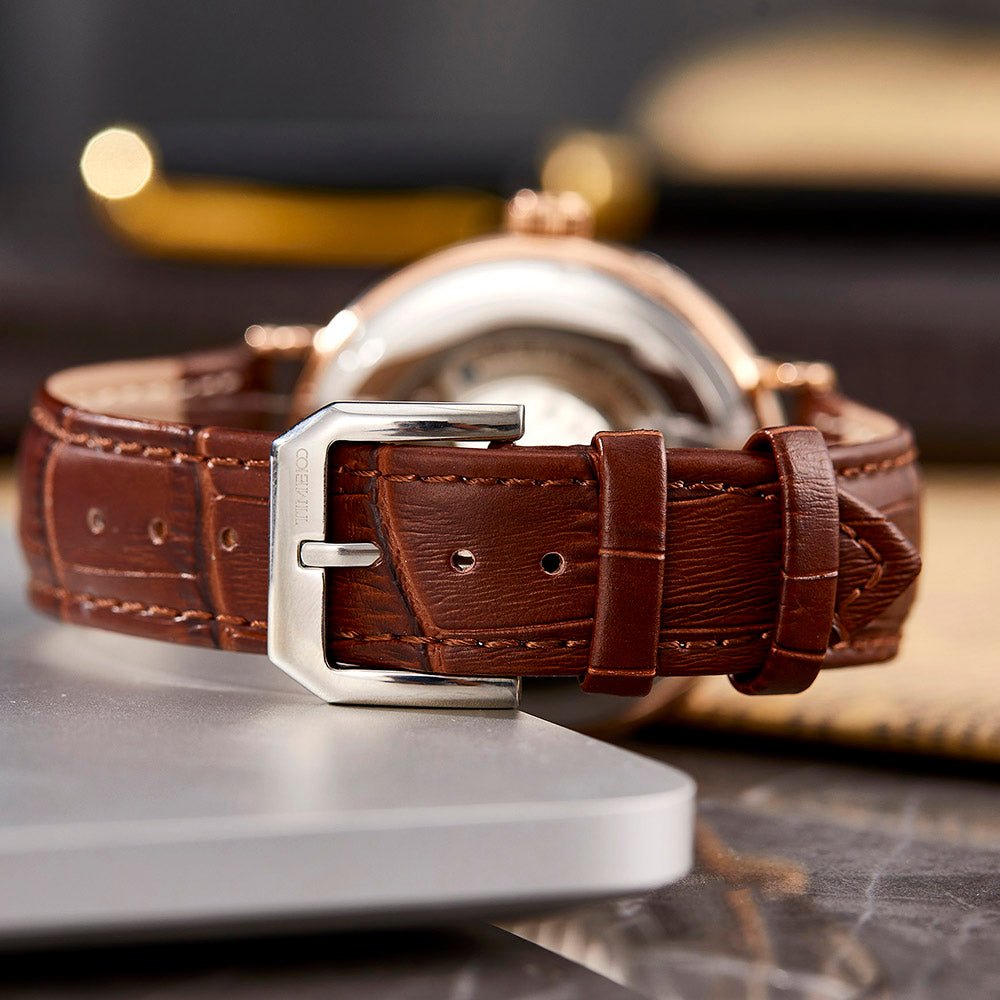 TIME100 Men's Automatic Watch Navigator - Series Tourbillon - Style Dual Time Zone Business Calendar Mechanical Watch Leather Strap - Time100