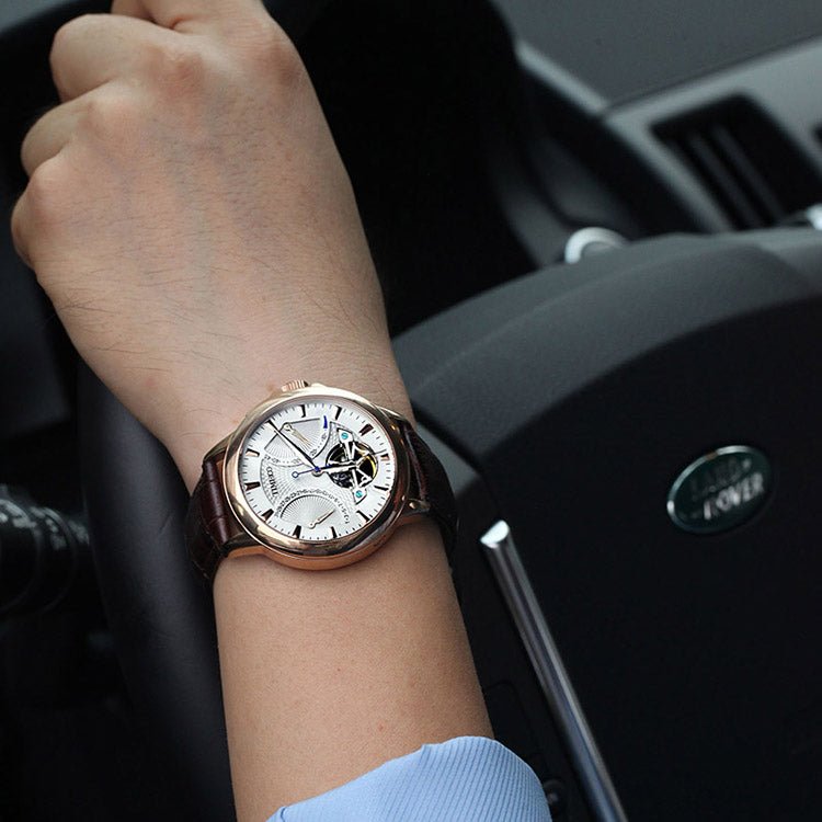 TIME100 Men's Automatic Watch Navigator - Series Tourbillon - Style Dual Time Zone Business Calendar Mechanical Watch Leather Strap - Time100