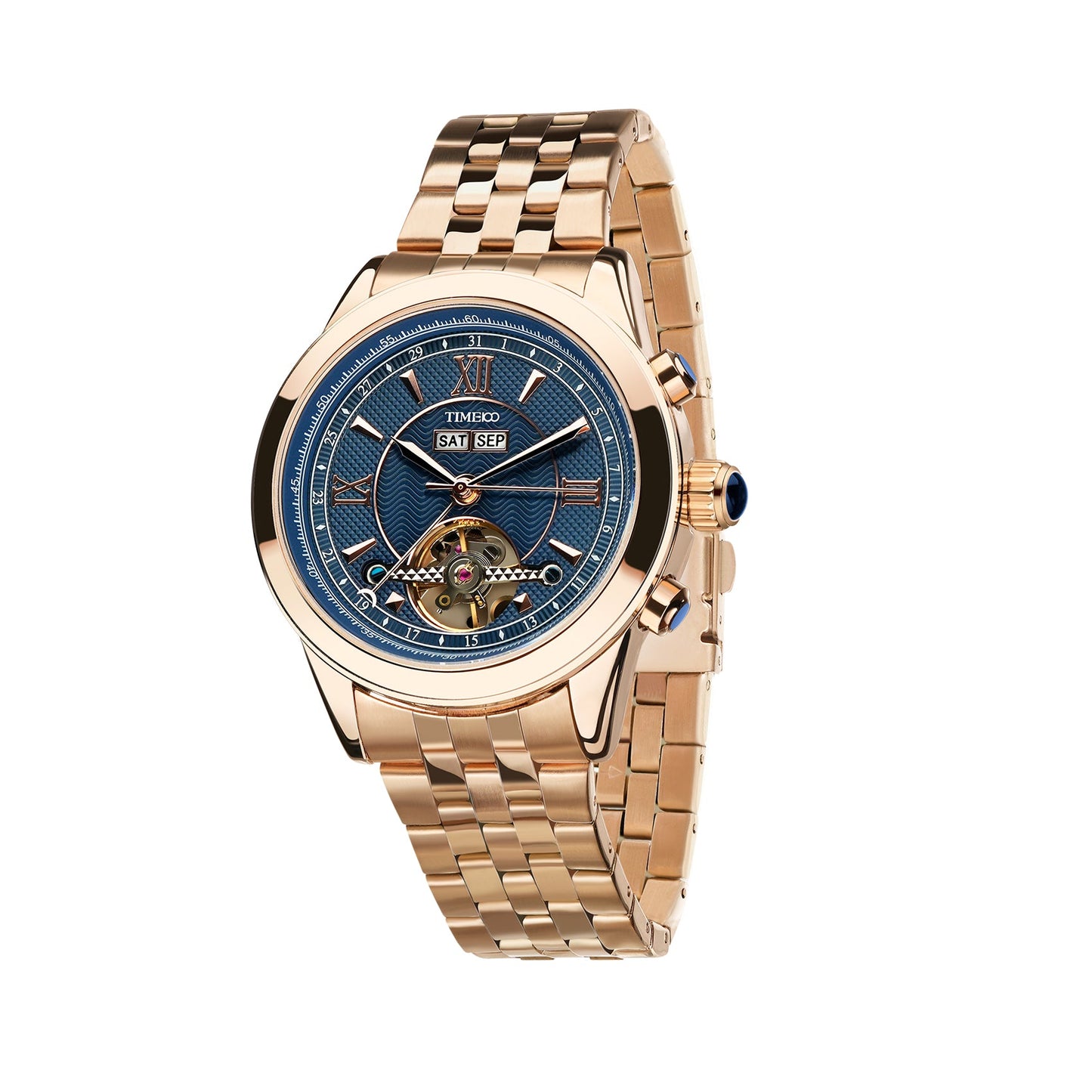 TIME100 W60069G Men's Automatic Watch with Skeleton Dial and Full Calendar in Stainless Steel Gold Bule - Time100
