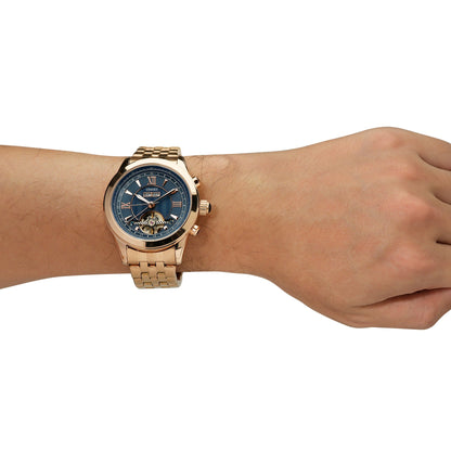 Modern professional man wearing the sophisticated TIME100 stainless steel skeleton watch with a business suit Gold Blue