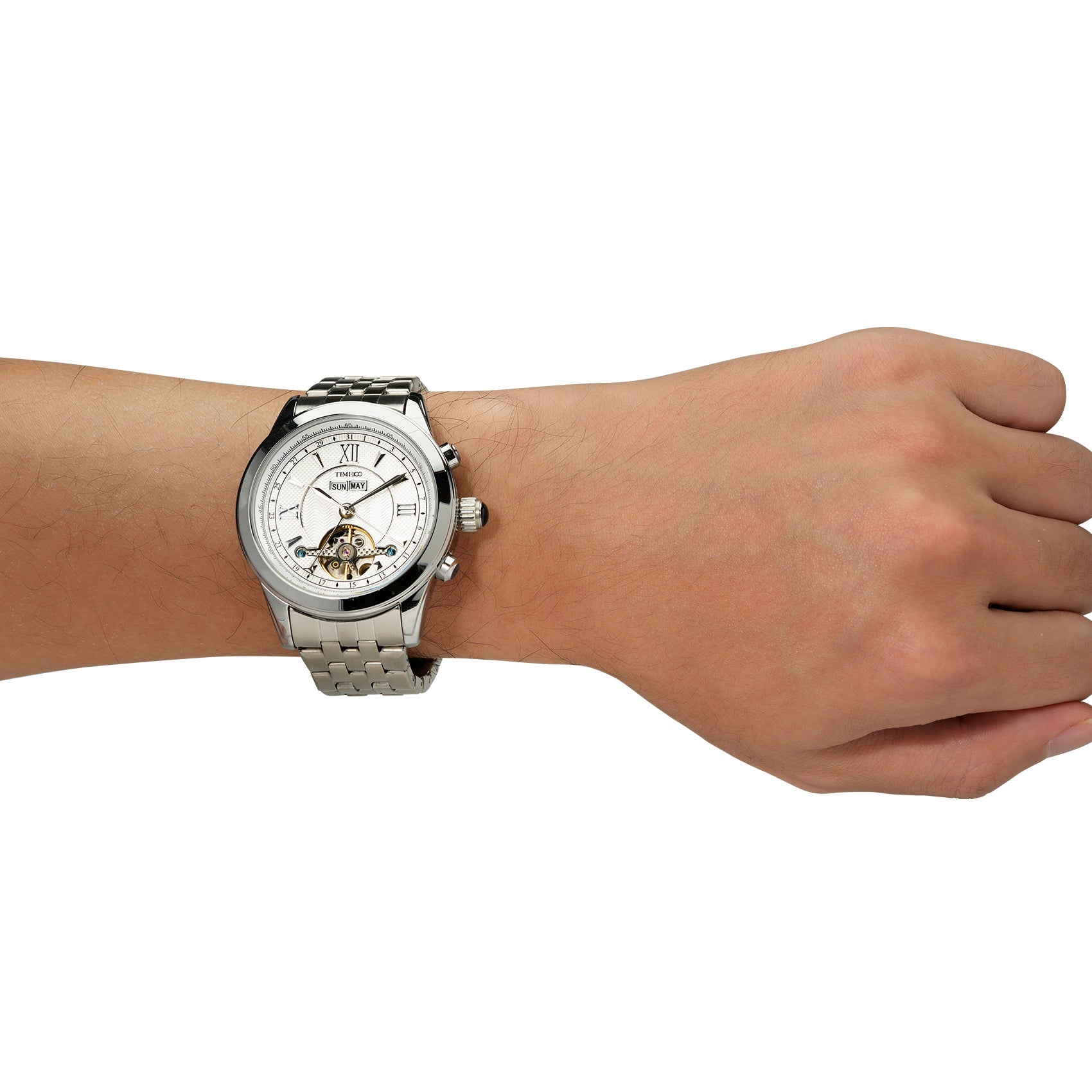 Modern professional man wearing the sophisticated TIME100 stainless steel skeleton watch with a business suit Silver White