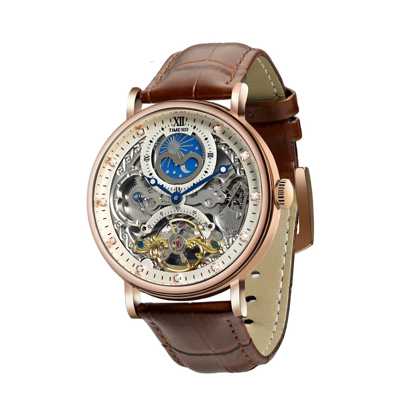 TIME100 W60169G Men's Automatic Skeleton Watch with Multicolor Dial and Stainless Steel Case Brown - Time100