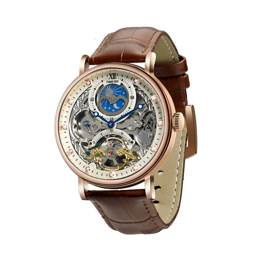 TIME100 Men's Automatic Watch Self Winding Mechanical Watch Genuine Leather Strap Skeleton Watches for Men - Time100