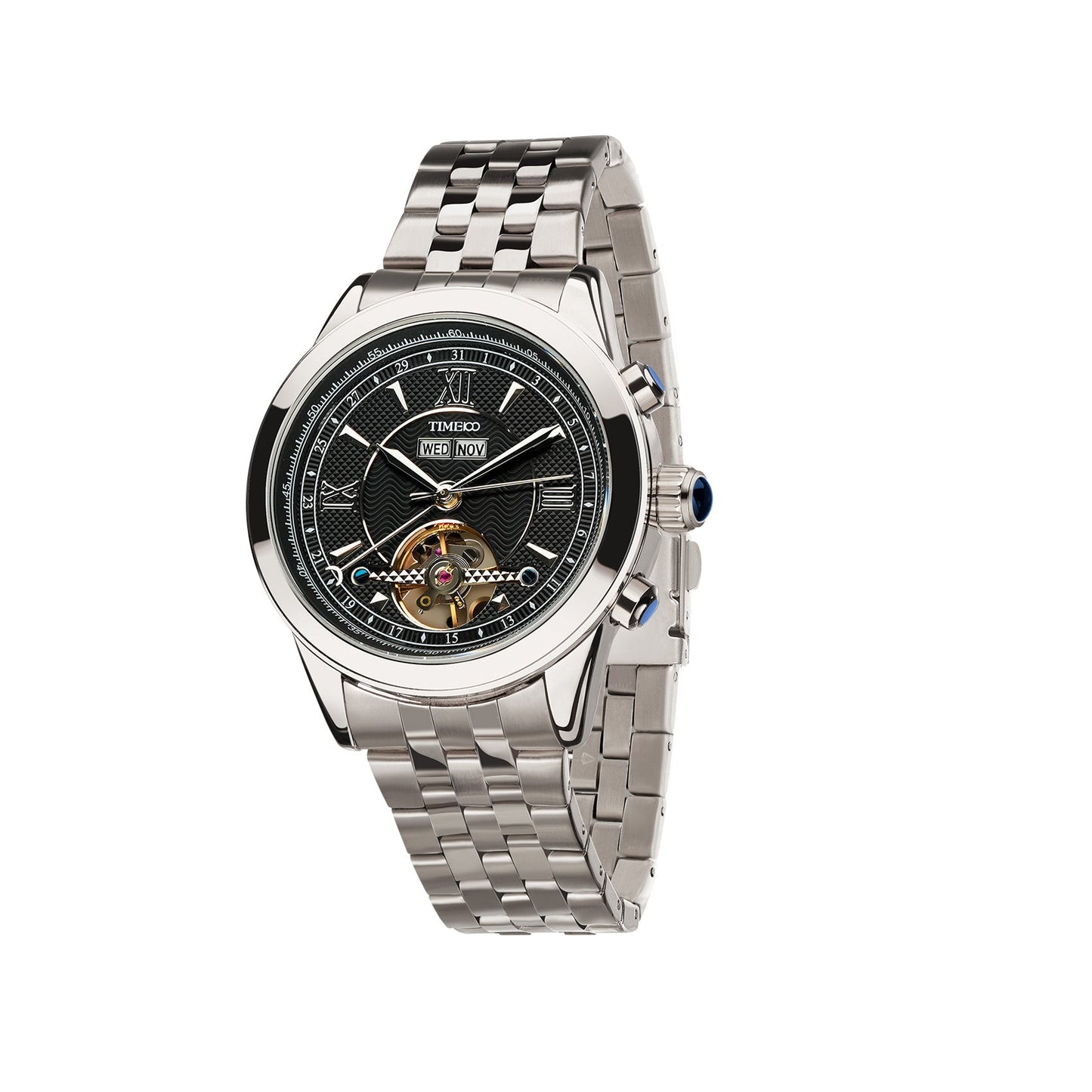 TIME100 W60069G Men's Automatic Watch with Skeleton Dial and Full Calendar in Stainless Steel Silver Black - Time100