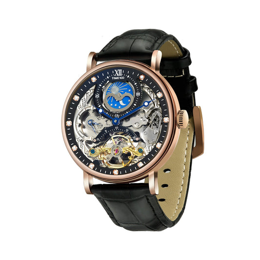 TIME100 Men's Automatic Watch Self Winding Mechanical Watch Genuine Leather Strap Skeleton Watches for Men - Time100