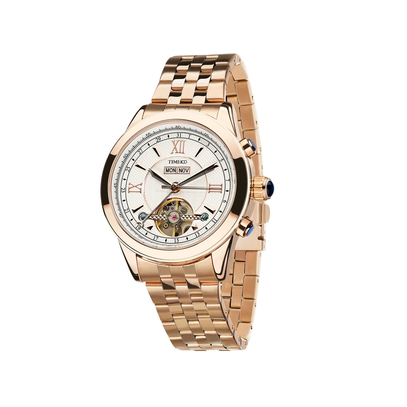 TIME100 W60069G Men's Automatic Watch with Skeleton Dial and Full Calendar in Stainless Steel Gold White - Time100
