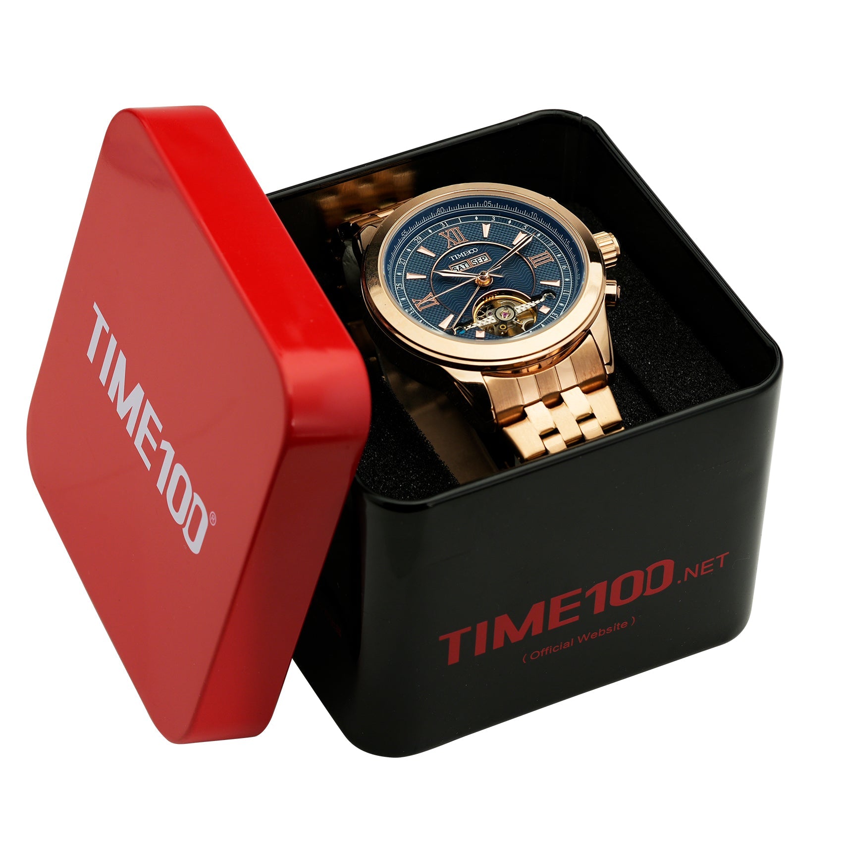 TIME100 sophisticated men's automatic calendar watch presented in a premium box, perfect gift for professionals  Gold Blue