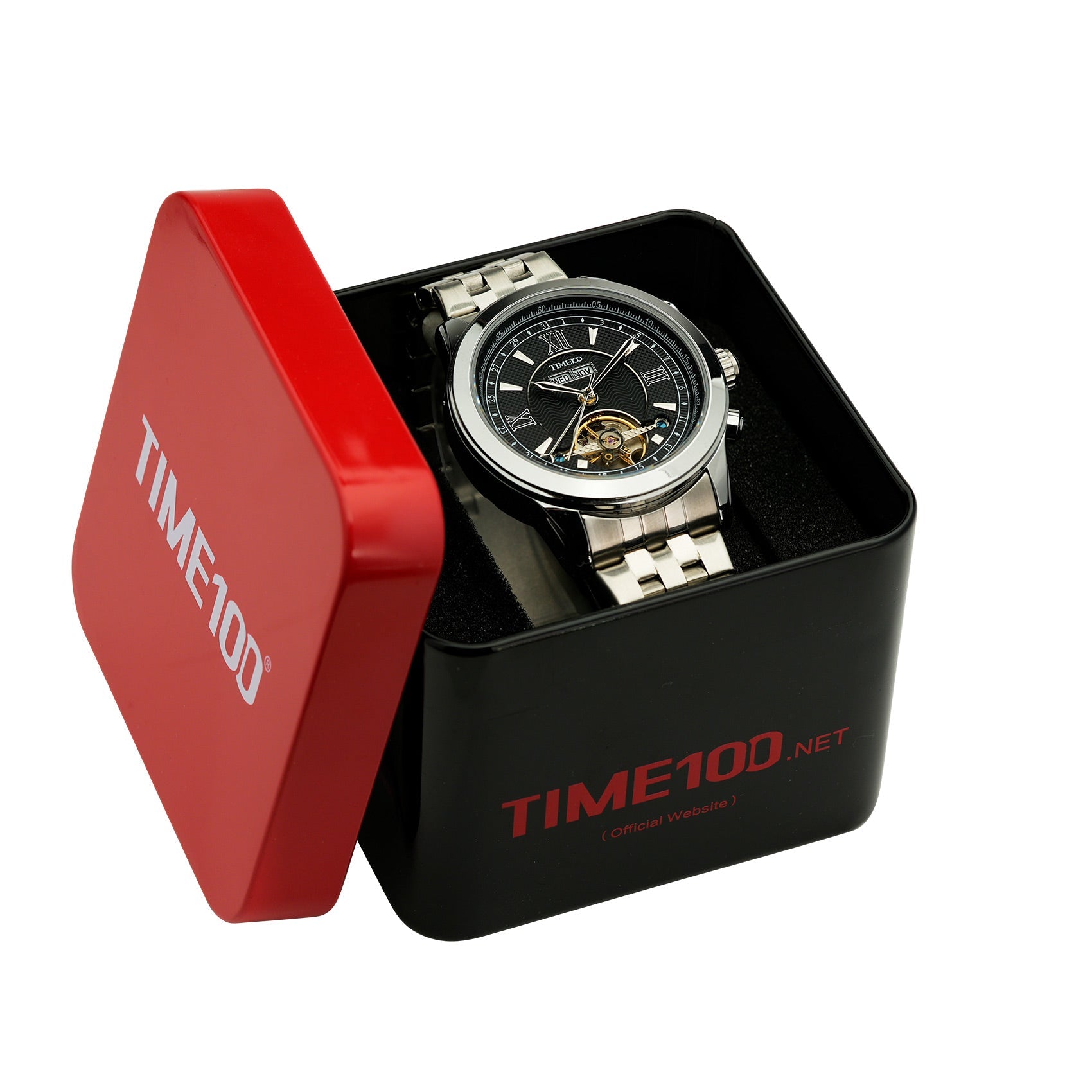 TIME100 sophisticated men's automatic calendar watch presented in a premium box, perfect gift for professionals  Silver Black