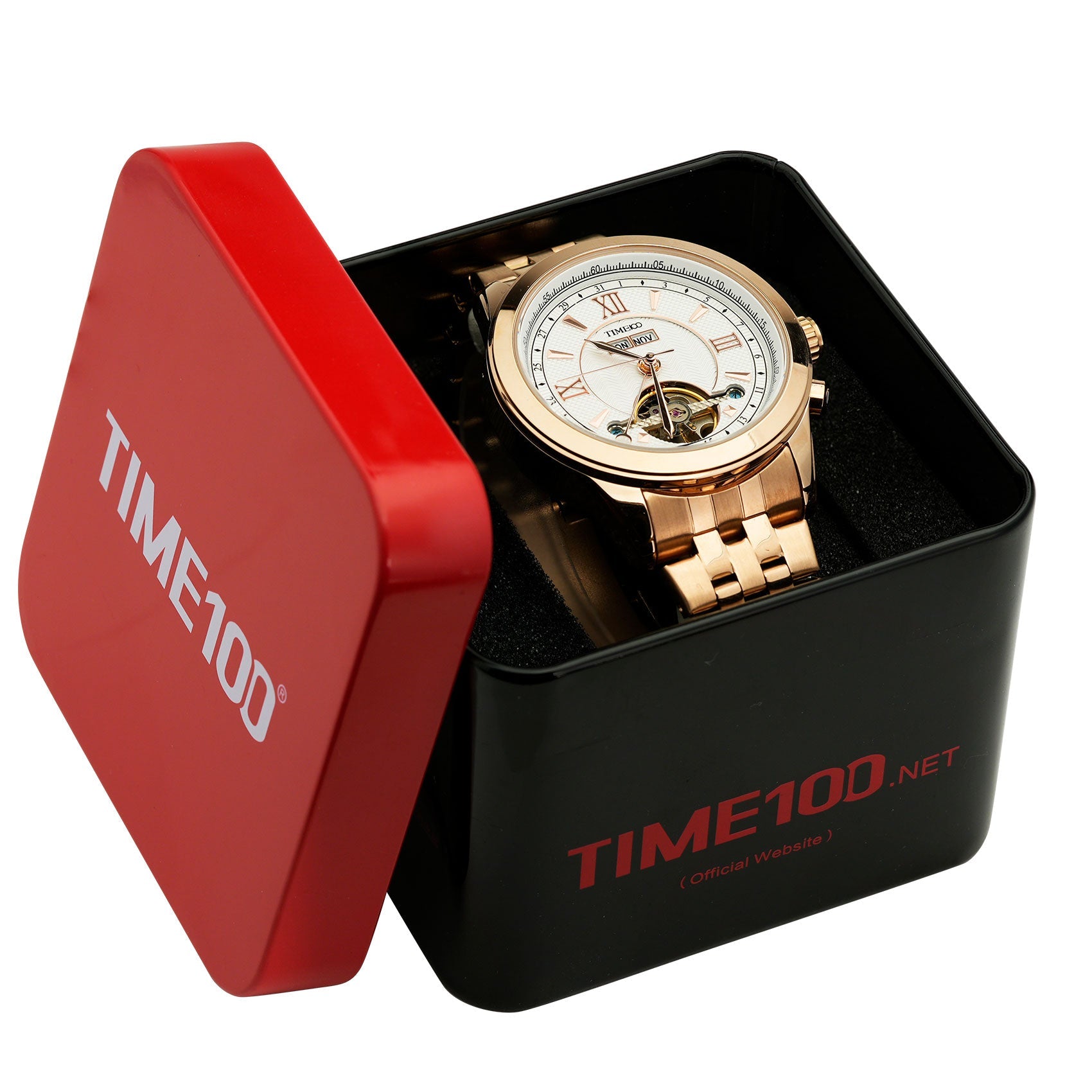 TIME100 sophisticated men's automatic calendar watch presented in a premium box, perfect gift for professionals  Gold White