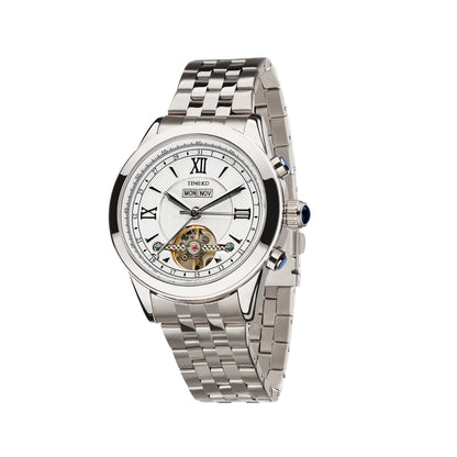 TIME100 W60069G Men's Automatic Watch with Skeleton Dial and Full Calendar in Stainless Steel Silver White - Time100
