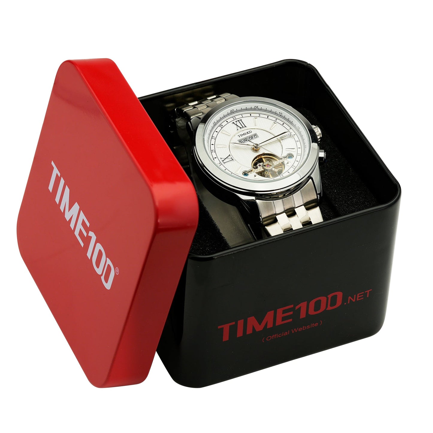 TIME100 sophisticated men's automatic calendar watch presented in a premium box, perfect gift for professionals  Silver White