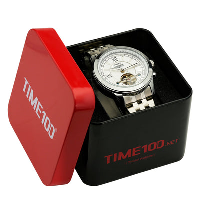 TIME100 sophisticated men's automatic calendar watch presented in a premium box, perfect gift for professionals  Silver White