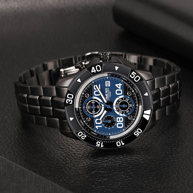 TIME100 Men's Multifunction Fashion Steel Strap 100M Waterproof Blue Sport Quartz Watch - Time100