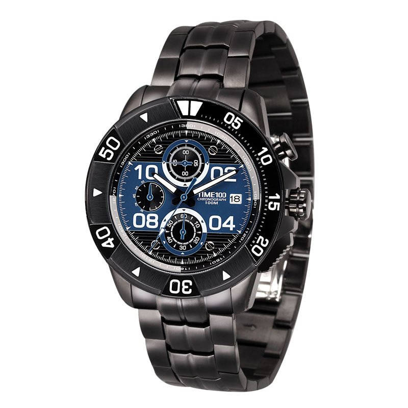 TIME100 Men's Multifunction Fashion Steel Strap 100M Waterproof Blue Sport Quartz Watch - Time100