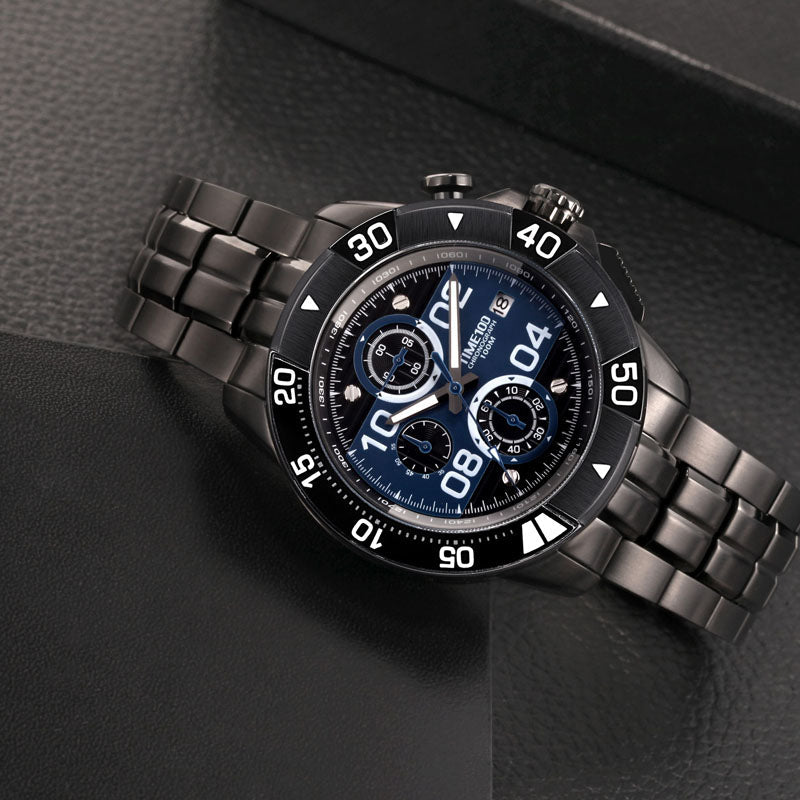 TIME100 Men's Multifunction Fashion Steel Strap 100M Waterproof Blue Sport Quartz Watch - Time100