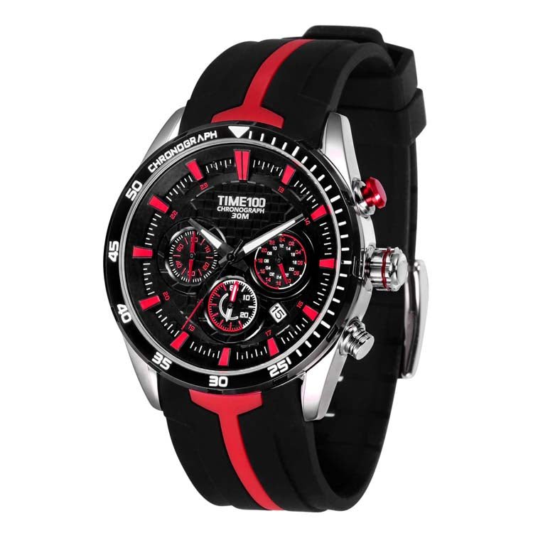 TIME100 W70103G Men's Red Chronograph Watch with Black Silicone Strap and Color-Block Dial - Time100