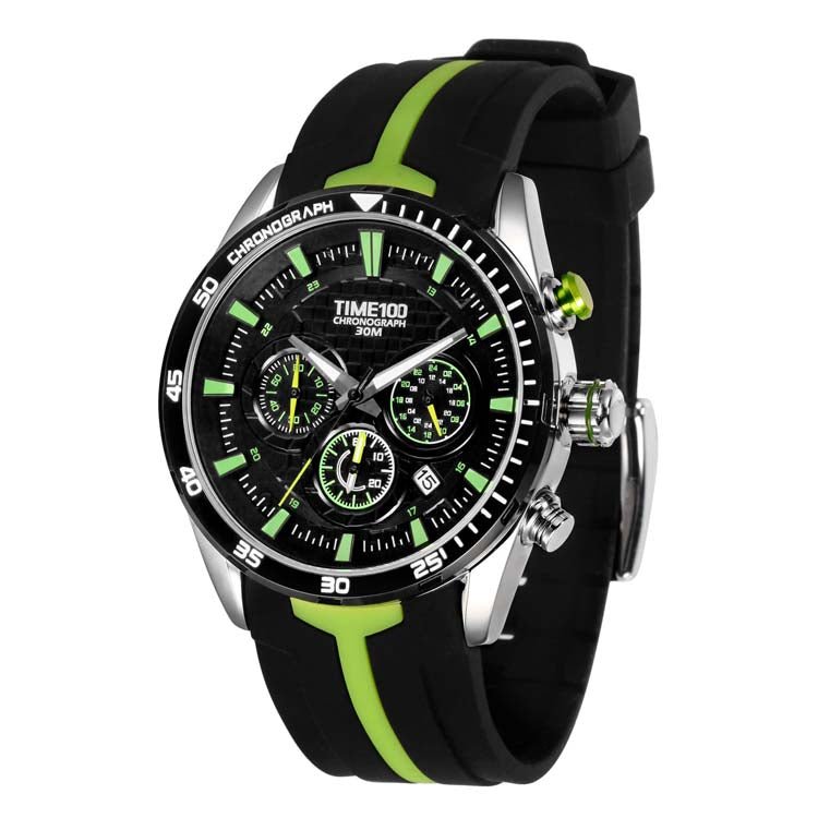 TIME100 W70103G Men's Green Chronograph Watch with Black Silicone Strap and Color-Block Dial - Time100