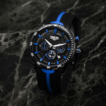 Side profile of the 43mm robust case and traditional buckle closure on the TIME100 quartz watch Blue - Time100