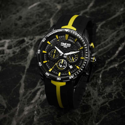 Side profile of the 43mm robust case and traditional buckle closure on the TIME100 quartz watch Yellow - Time100