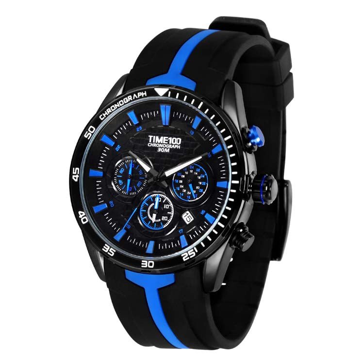 TIME100 W70103G Men's Blue Chronograph Watch with Black Silicone Strap and Color-Block Dial - Time100