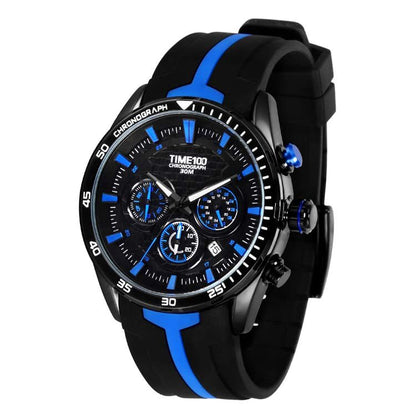 TIME100 W70103G Men's Blue Chronograph Watch with Black Silicone Strap and Color-Block Dial - Time100