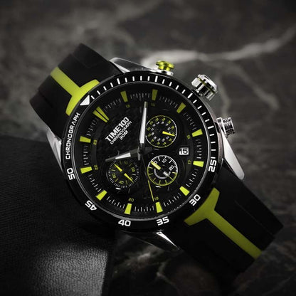 Youthful man styling the vibrant red TIME100 watch with casual street fashion and athleisure attire Green - Time100