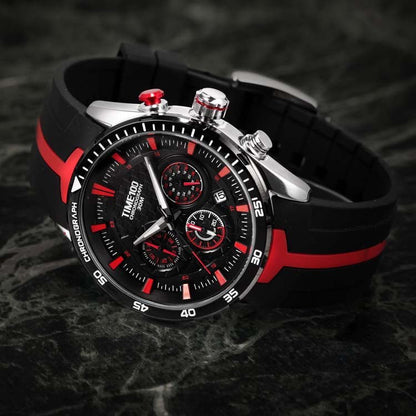 Youthful man styling the vibrant red TIME100 watch with casual street fashion and athleisure attire Red - Time100