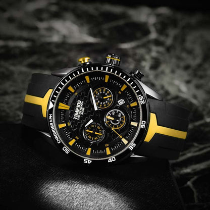 Youthful man styling the vibrant red TIME100 watch with casual street fashion and athleisure attire Yellow - Time100